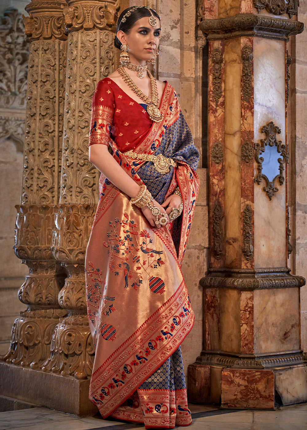 Navy Blue Jacquard Woven Banarasi Silk Saree with Stone Work