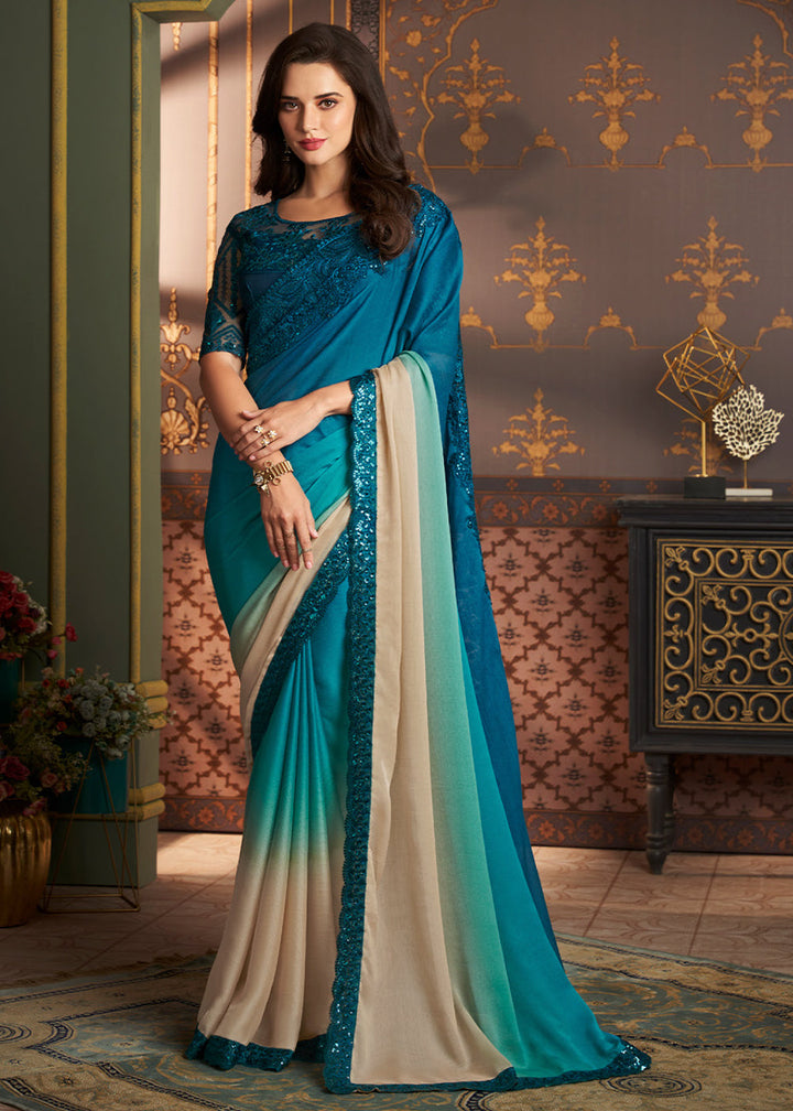 Blue & White Shaded Designer Embroidered  Silk Saree