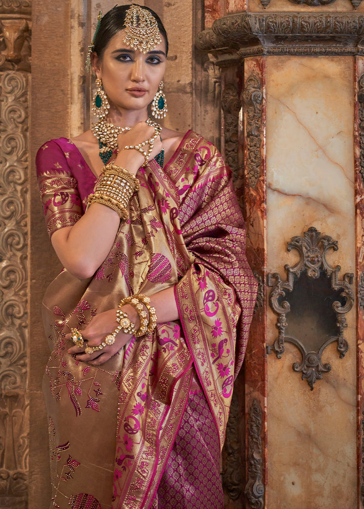 Shades Of Blue Jacquard Woven Banarasi Silk Saree with Stone Work