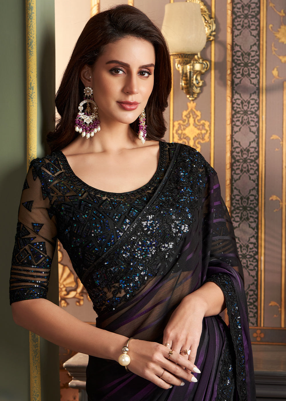 Shades Of Purple Designer Embroidered Silk Saree: Top Pick