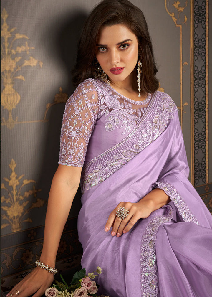 Lilac Purple Designer Embroidered Silk Saree