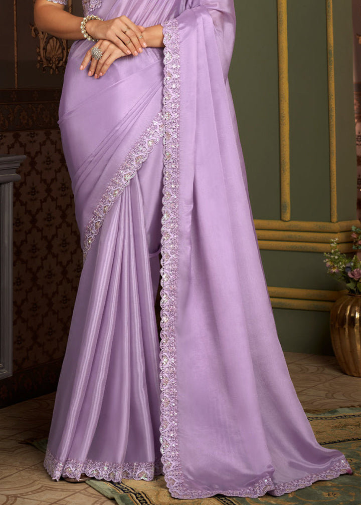 Lilac Purple Designer Embroidered Silk Saree