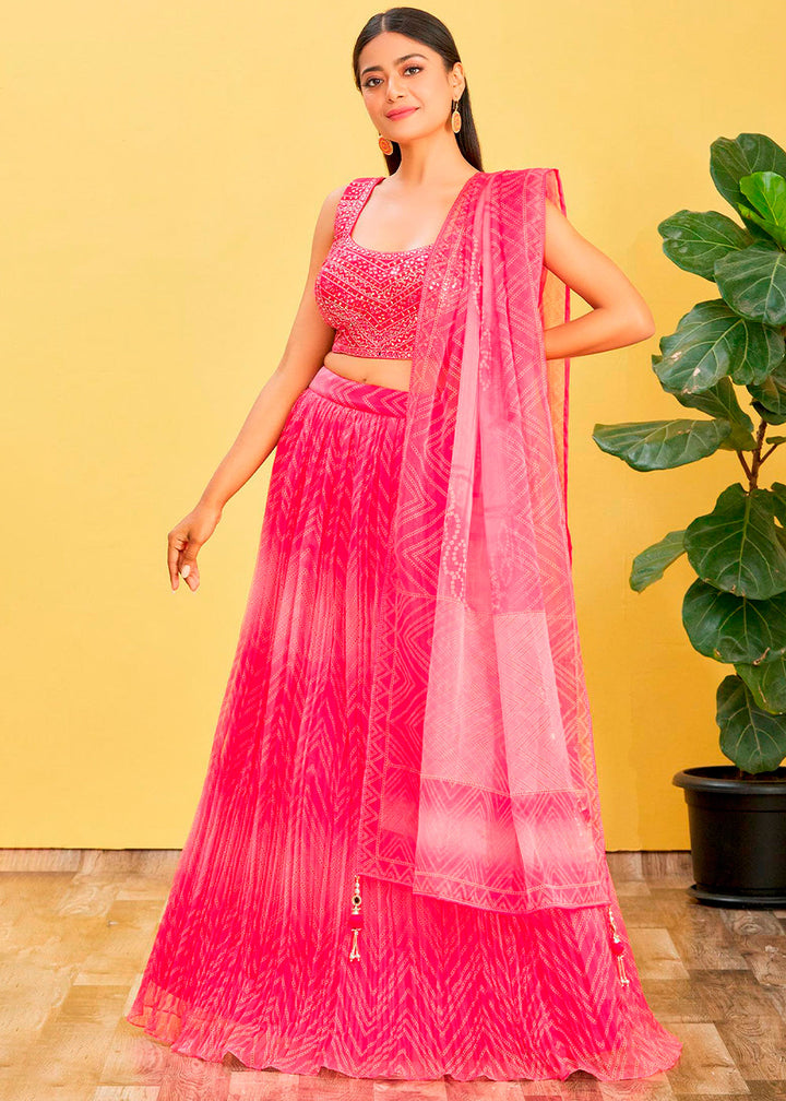 Shades Of Pink Digital Printed Organza Lehenga with Thread,Zari & Sequins Work