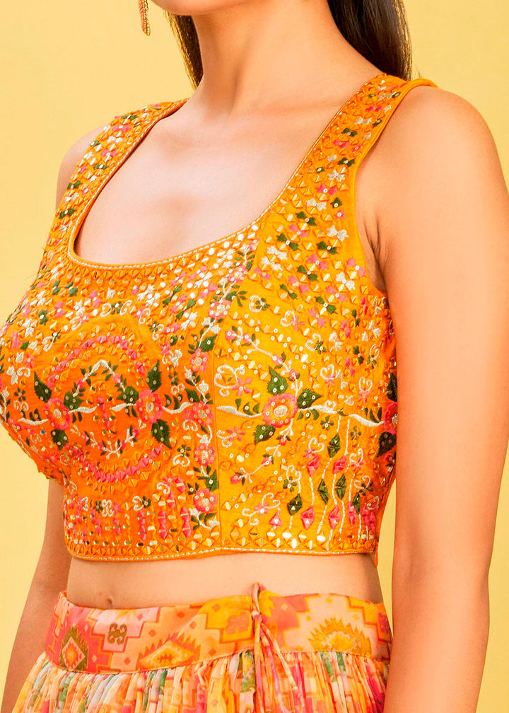 Shades Of Yellow Digital Printed Organza Lehenga with Thread,Zari & Sequins Work