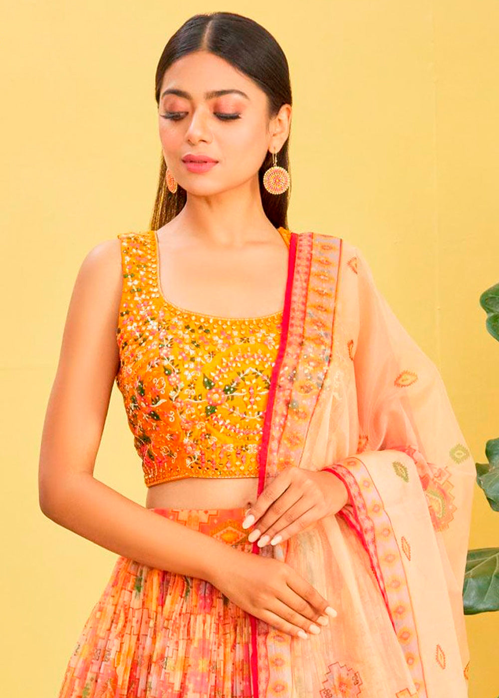 Shades Of Yellow Digital Printed Organza Lehenga with Thread,Zari & Sequins Work