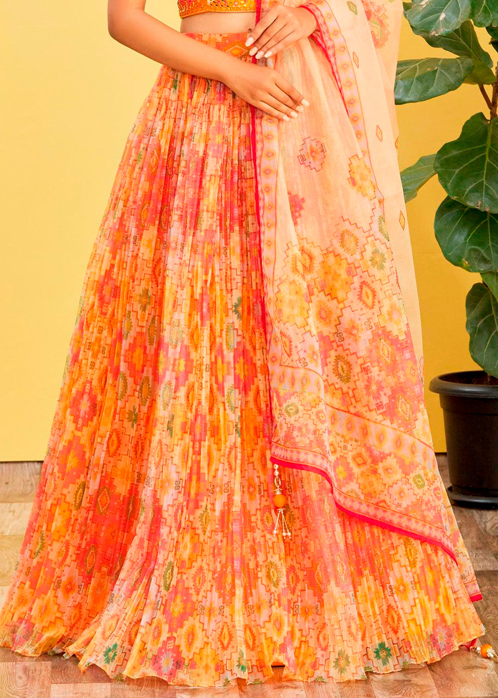 Shades Of Yellow Digital Printed Organza Lehenga with Thread,Zari & Sequins Work