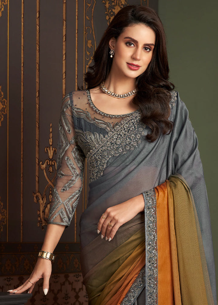 Shades Of Grey & Orange Designer Embroidered Chiffon Silk Saree