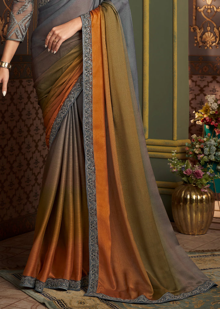 Shades Of Grey & Orange Designer Embroidered Chiffon Silk Saree