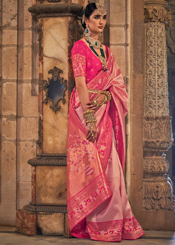 Shades Of Pink Jacquard Woven Banarasi Silk Saree with Stone Work