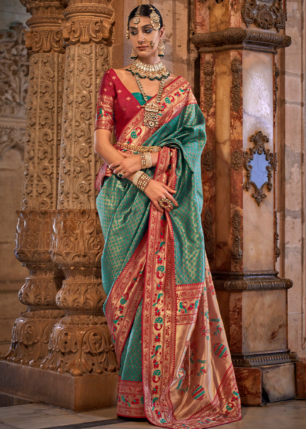 Sapphire Blue Jacquard Woven Banarasi Silk Saree with Stone Work