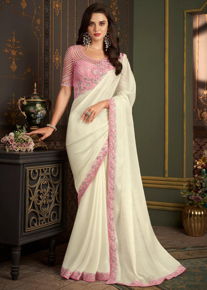 Pearl White Designer Embroidered Silk Saree