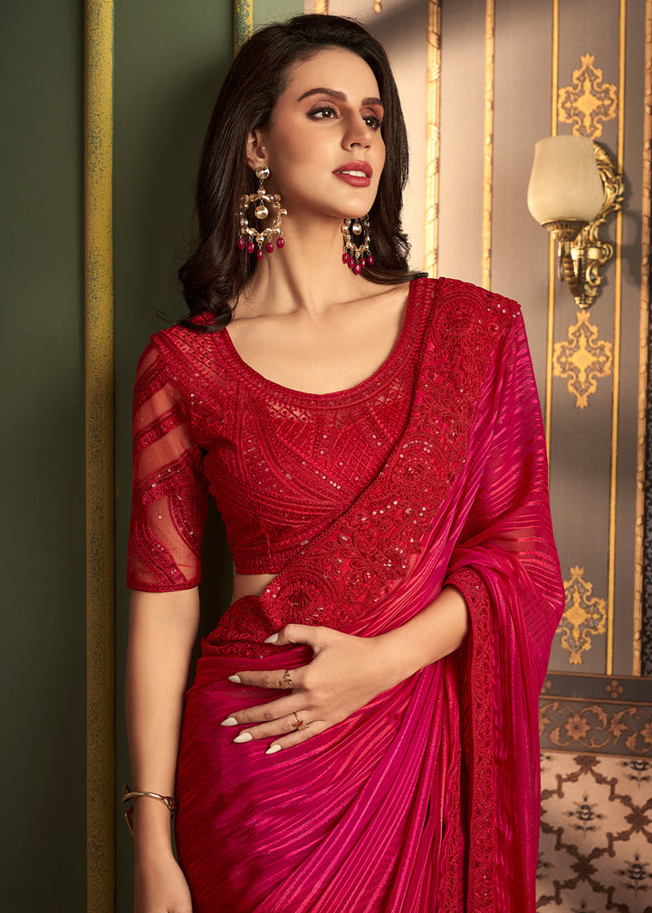 Shades Of Pink & Red Designer Embroidered Silk Saree