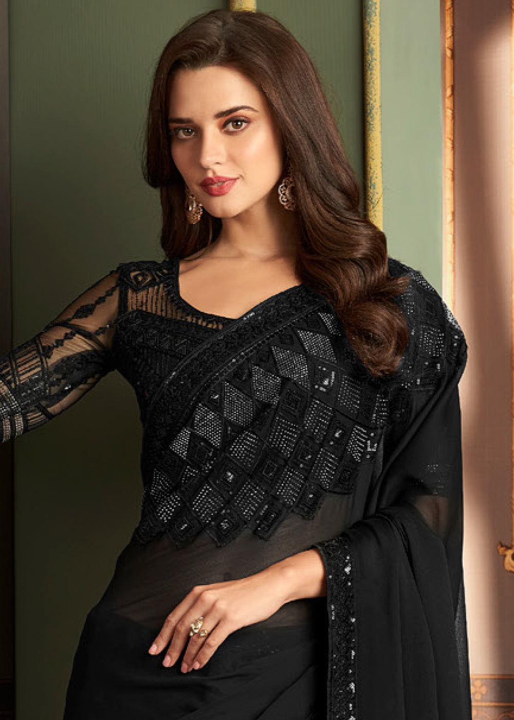 Midnight Black Designer Embroidered Chiffon Silk Saree