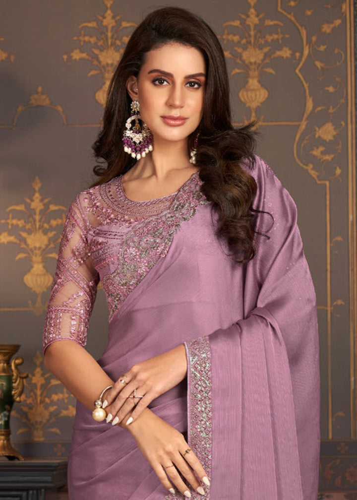 Mauve Purple Designer Embroidered Chiffon Silk Saree