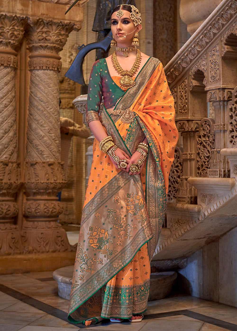 Tangerine Orange Banarasi Jacquard Silk Saree with Swarvoski work