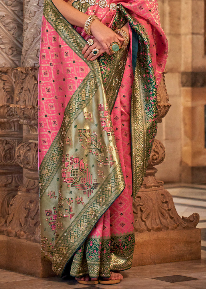 Carmine Pink Banarasi Jacquard Silk Saree with Swarvoski work