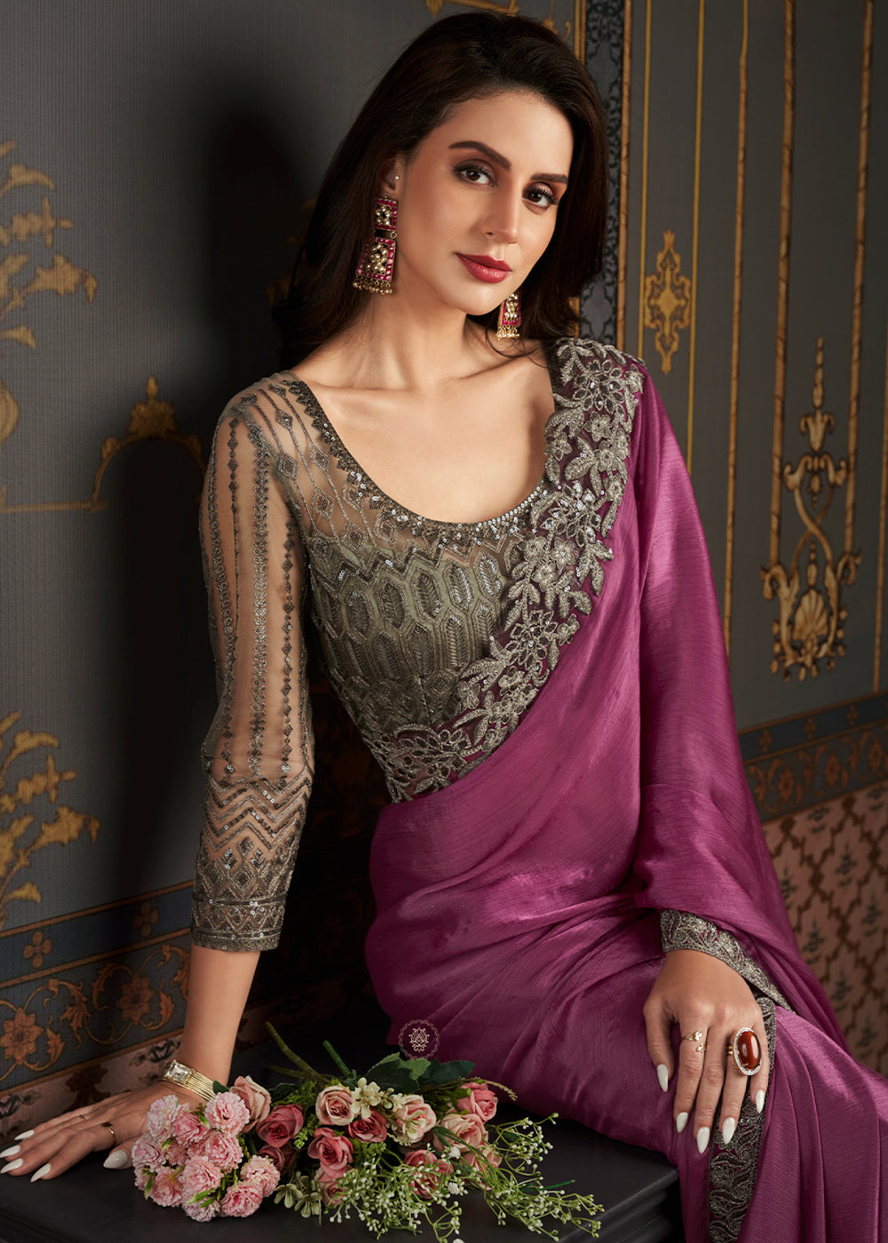 Pinkish Purple Designer Embroidered Chiffon Silk Saree