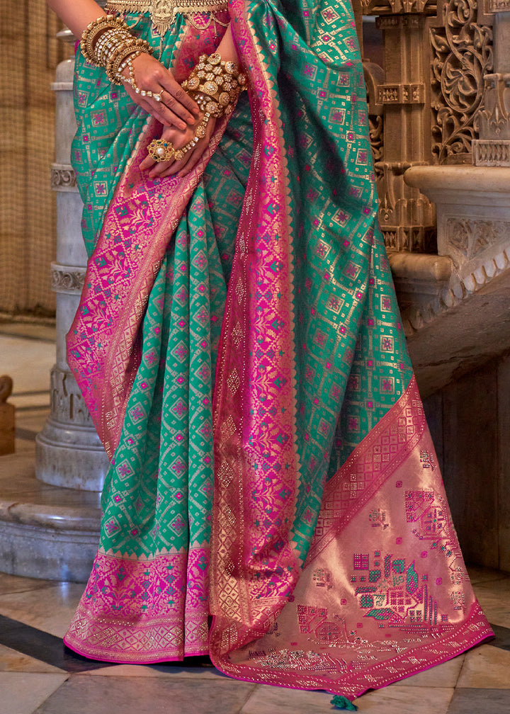 Tiffany Blue Banarasi Jacquard Silk Saree with Swarvoski work