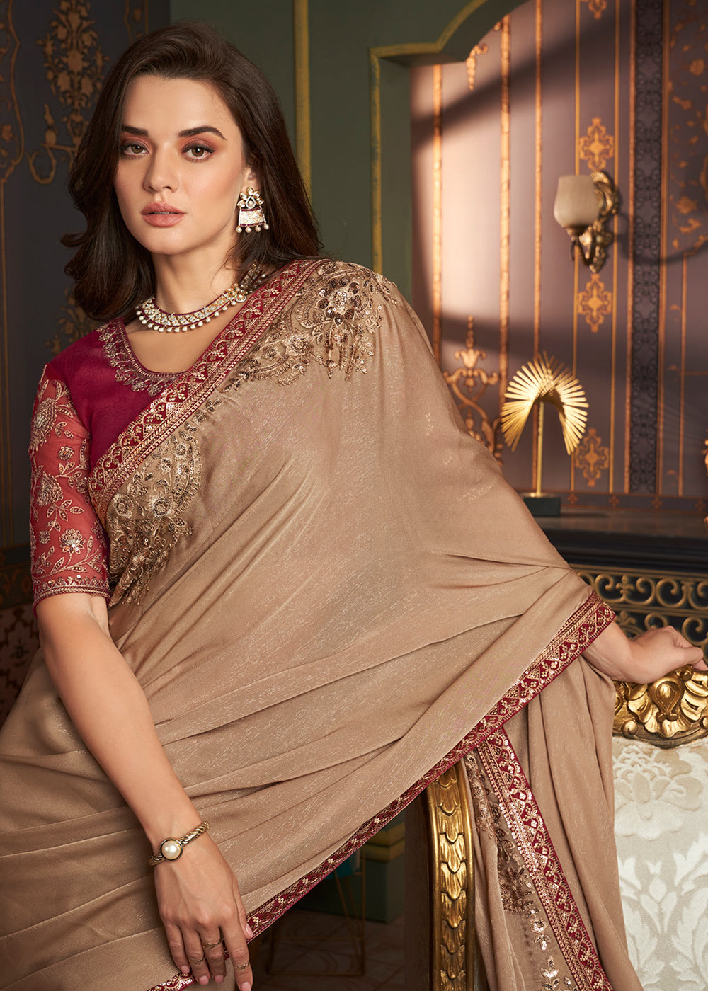 Tan Brown Designer Embroidered Silk Saree