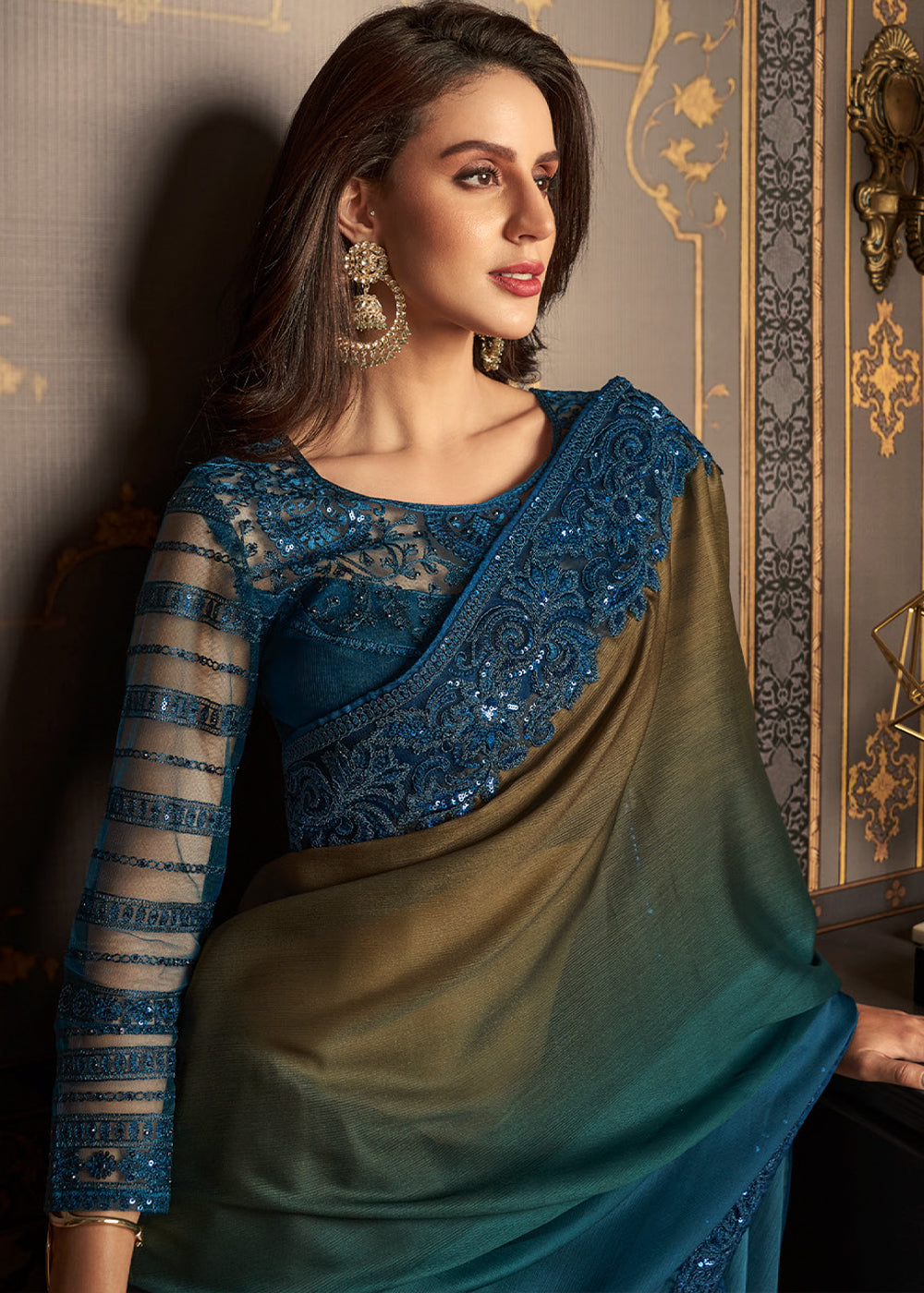 Multicolored Designer Embroidered Chiffon Saree