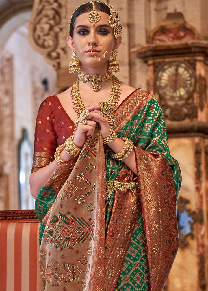 Forest Green Banarasi Jacquard Silk Saree with Swarvoski work