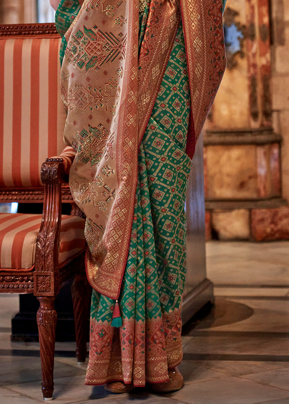 Forest Green Banarasi Jacquard Silk Saree with Swarvoski work