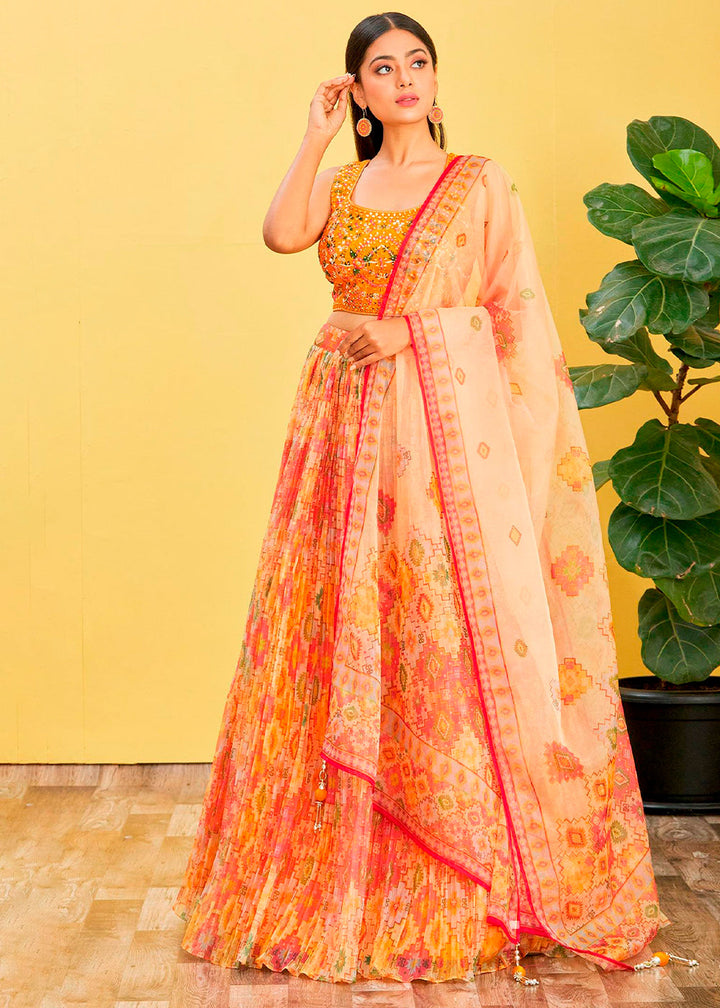 Shades Of Yellow Digital Printed Organza Lehenga with Thread,Zari & Sequins Work