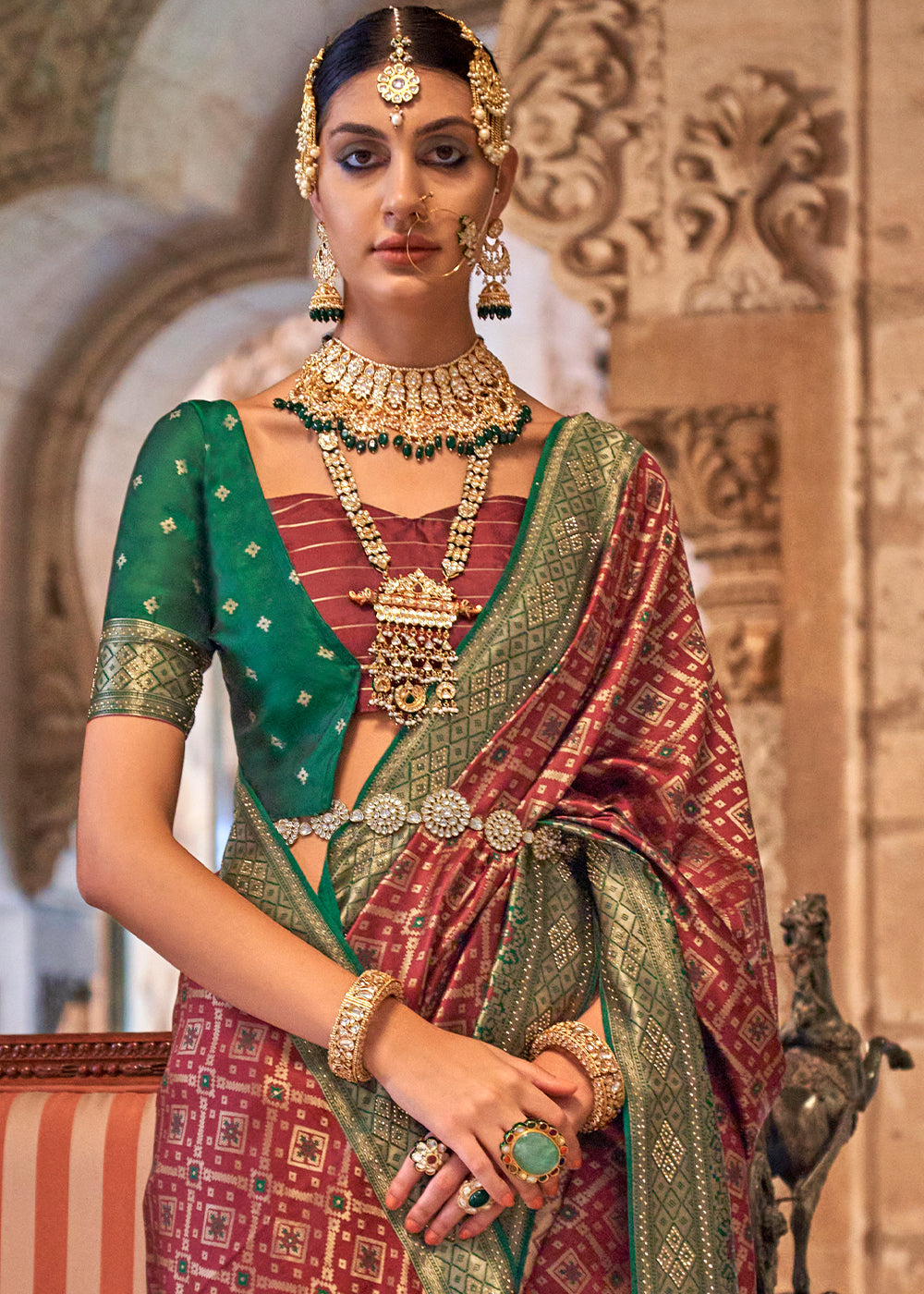 Burnt Umber Brown Banarasi Jacquard Silk Saree with Swarvoski work