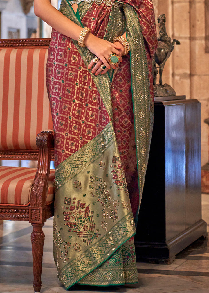 Burnt Umber Brown Banarasi Jacquard Silk Saree with Swarvoski work