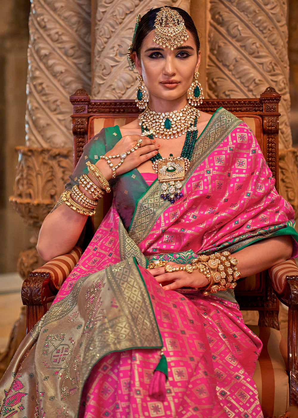 Hot Pink Banarasi Jacquard Silk Saree with Swarvoski work