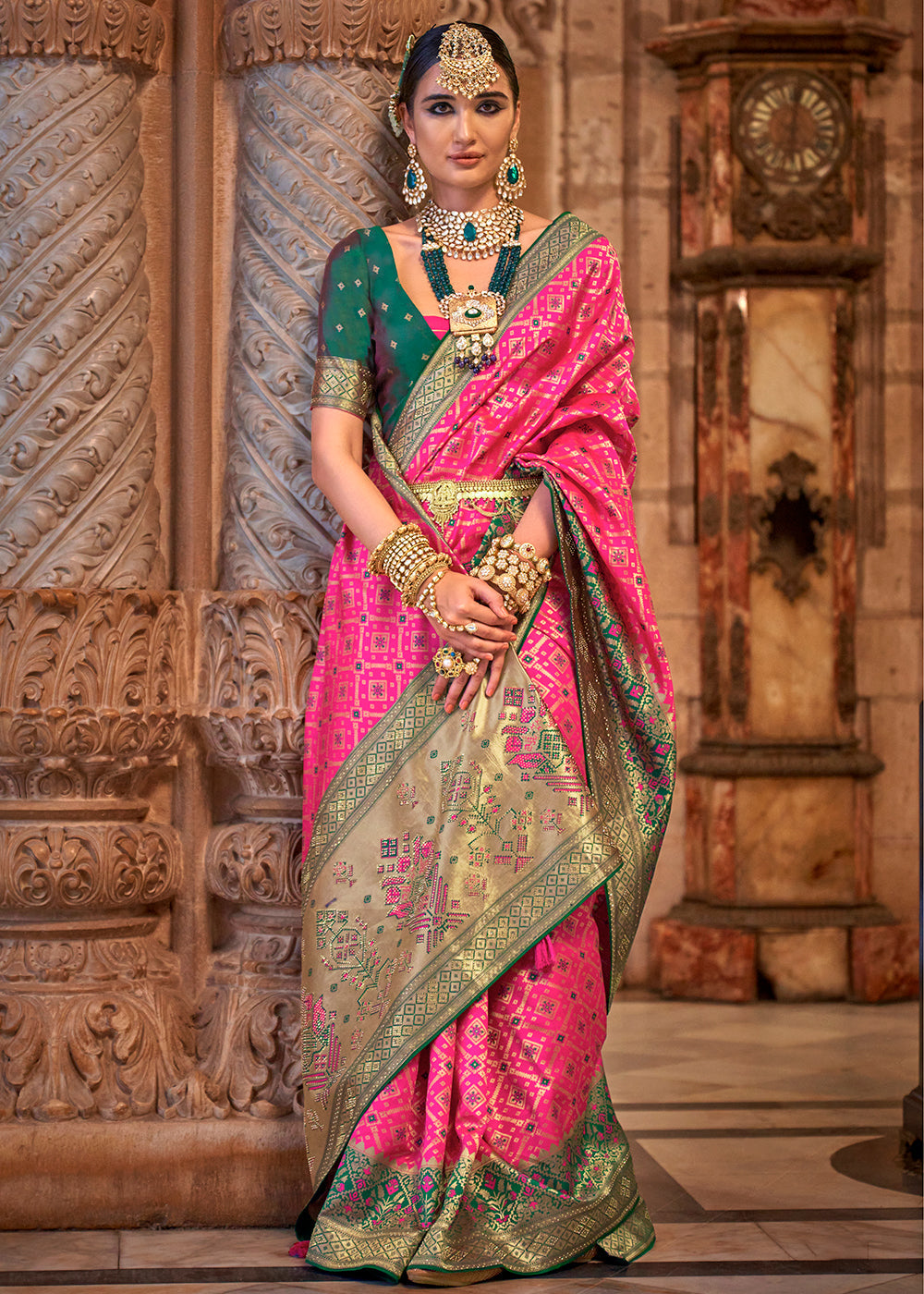 Hot Pink Banarasi Jacquard Silk Saree with Swarvoski work