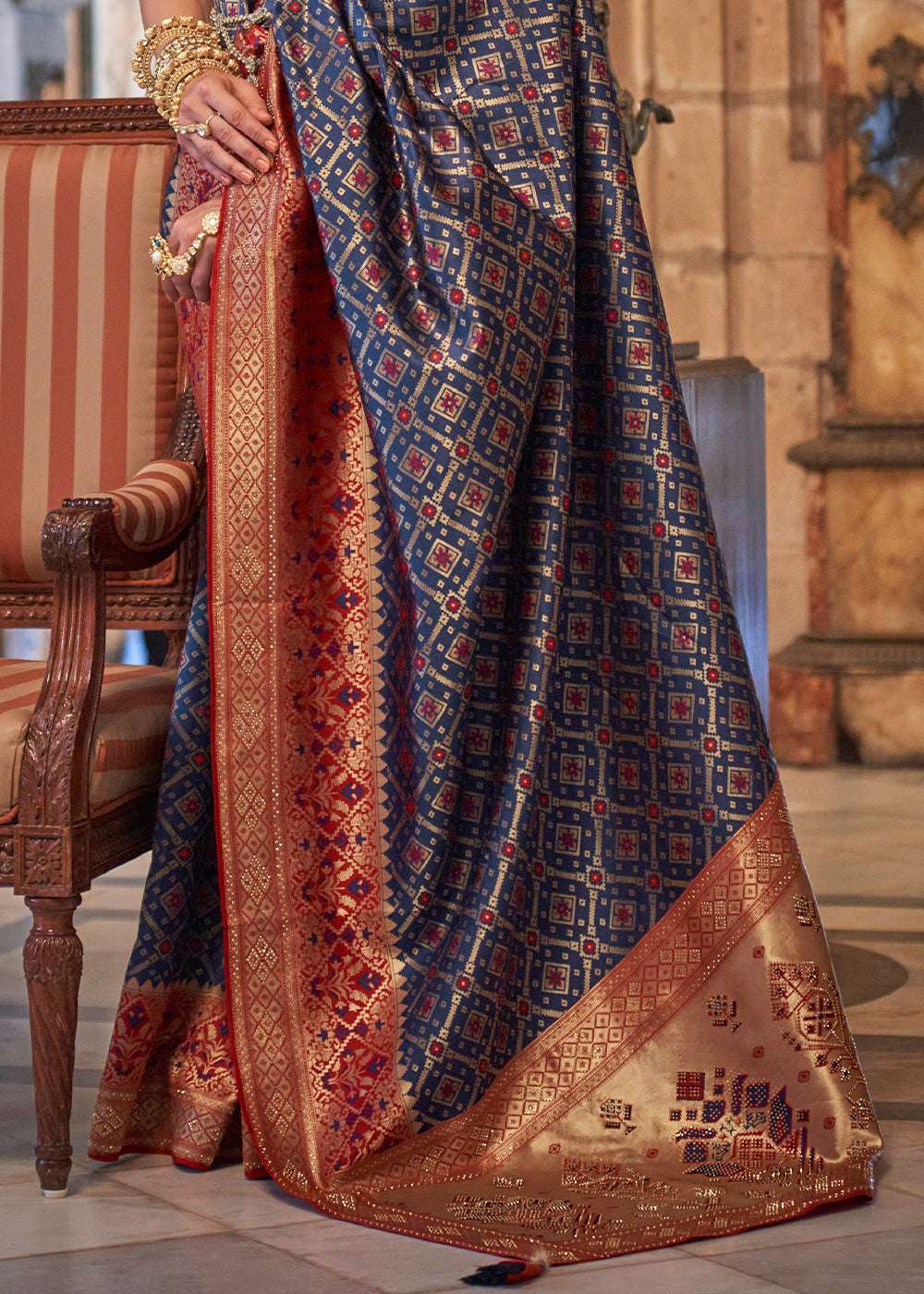 Admiral Blue Banarasi Jacquard Silk Saree with Swarvoski work