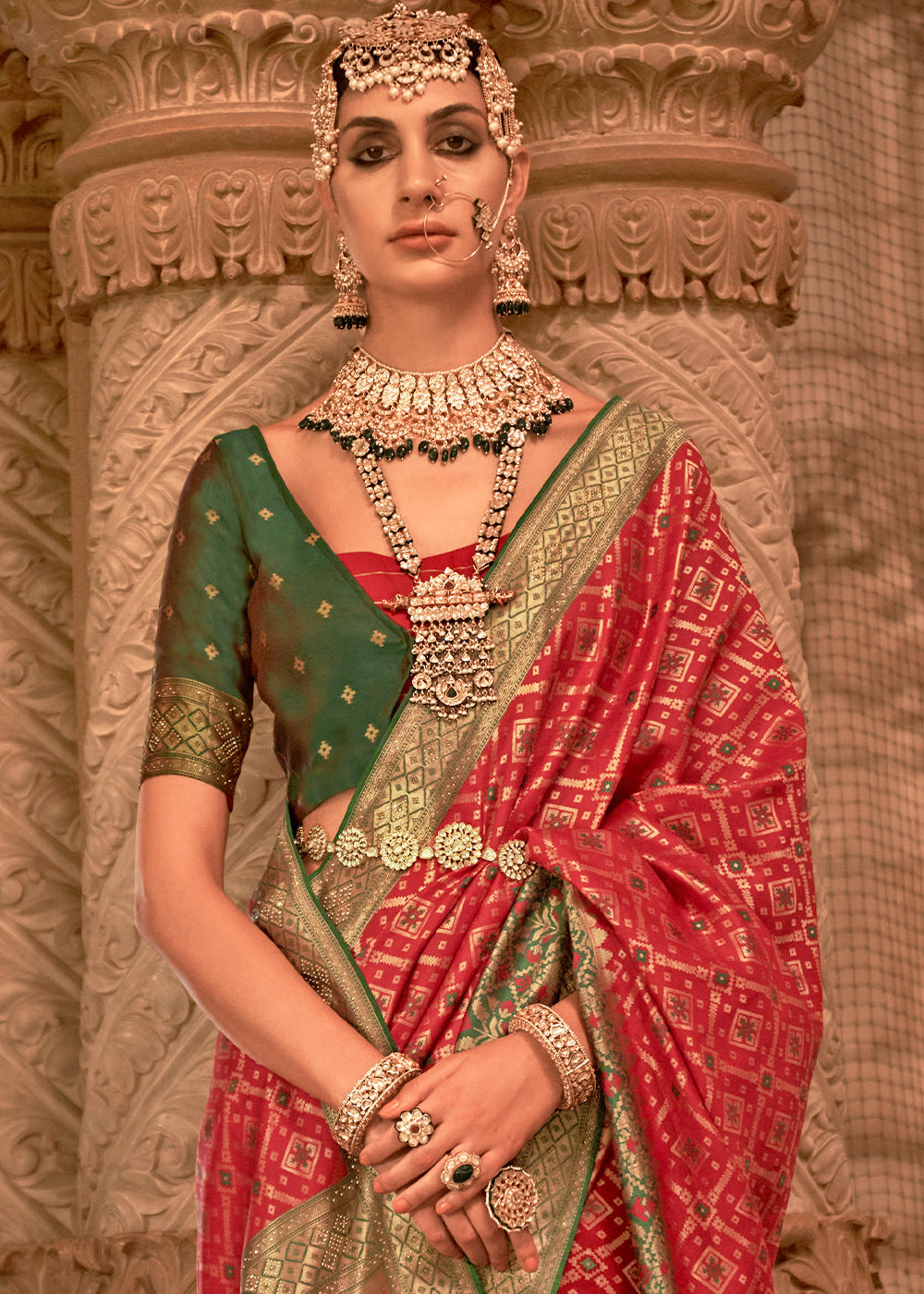 Venetian Red Banarasi Jacquard Silk Saree with Swarvoski work