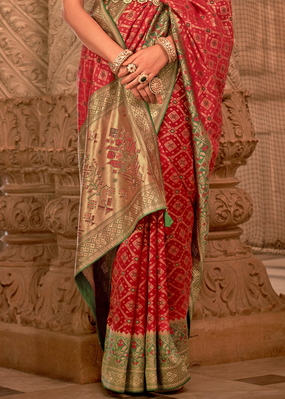 Venetian Red Banarasi Jacquard Silk Saree with Swarvoski work