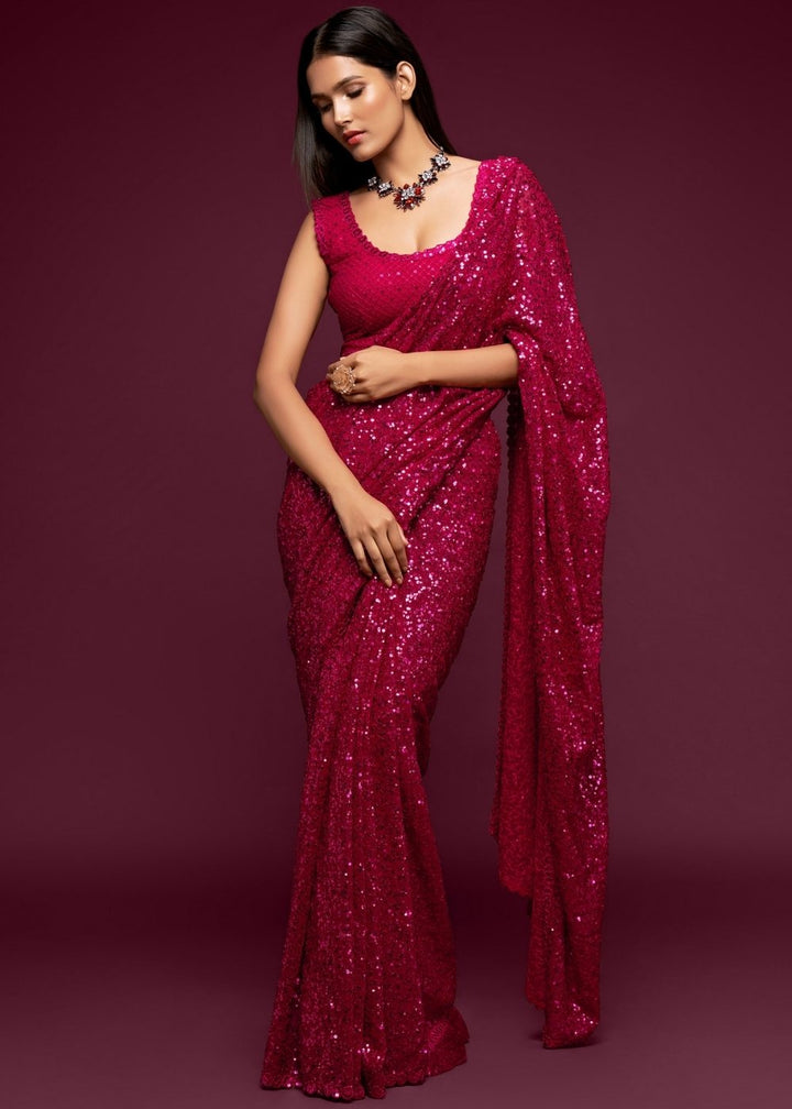 Magenta Pink Sequins & Thread Embroidered Designer Georgette Saree