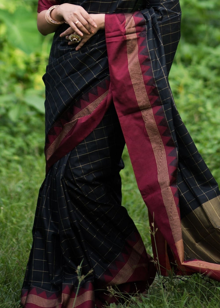 Soot Black Checkered Banarasi Raw Silk Saree