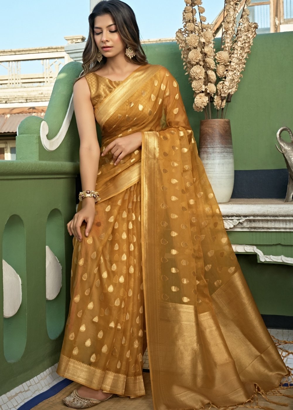 Copper Brown Zari Woven Organza Silk Saree