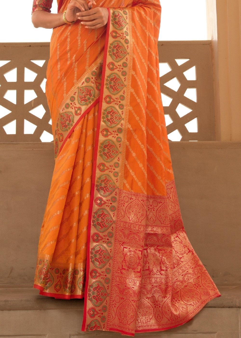 Amber Orange Woven Soft Banarasi Silk Saree with Contrast Pallu & Blouse