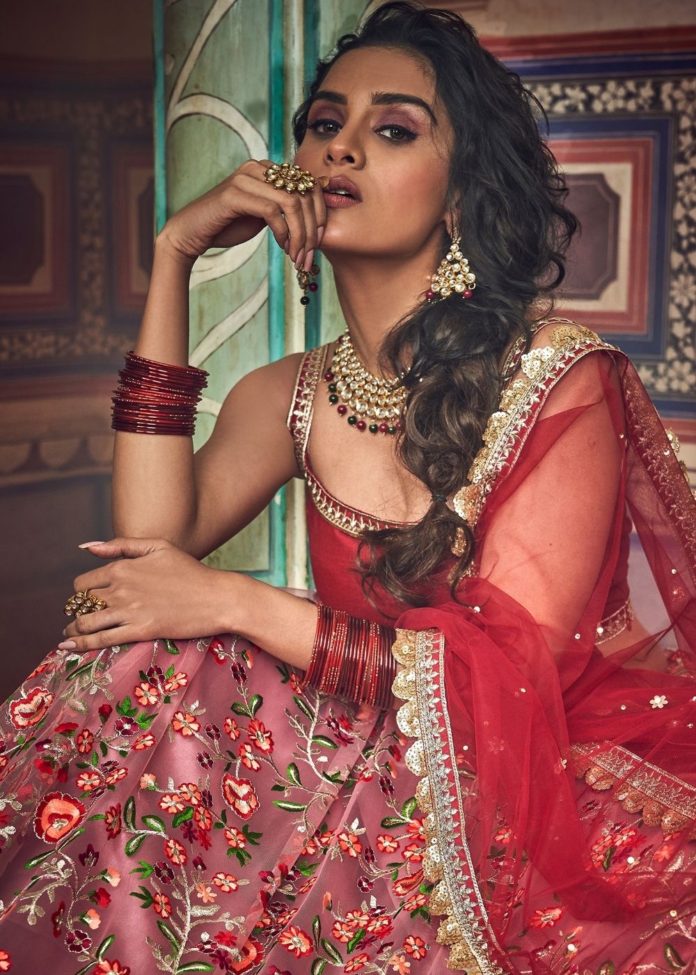 Persian Red Soft Net Lehenga with Thread & Zari work