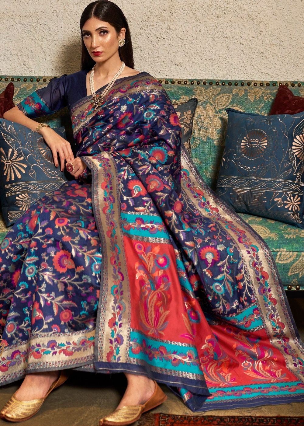 Space Blue Banarasi Jamawar Woven Silk Saree