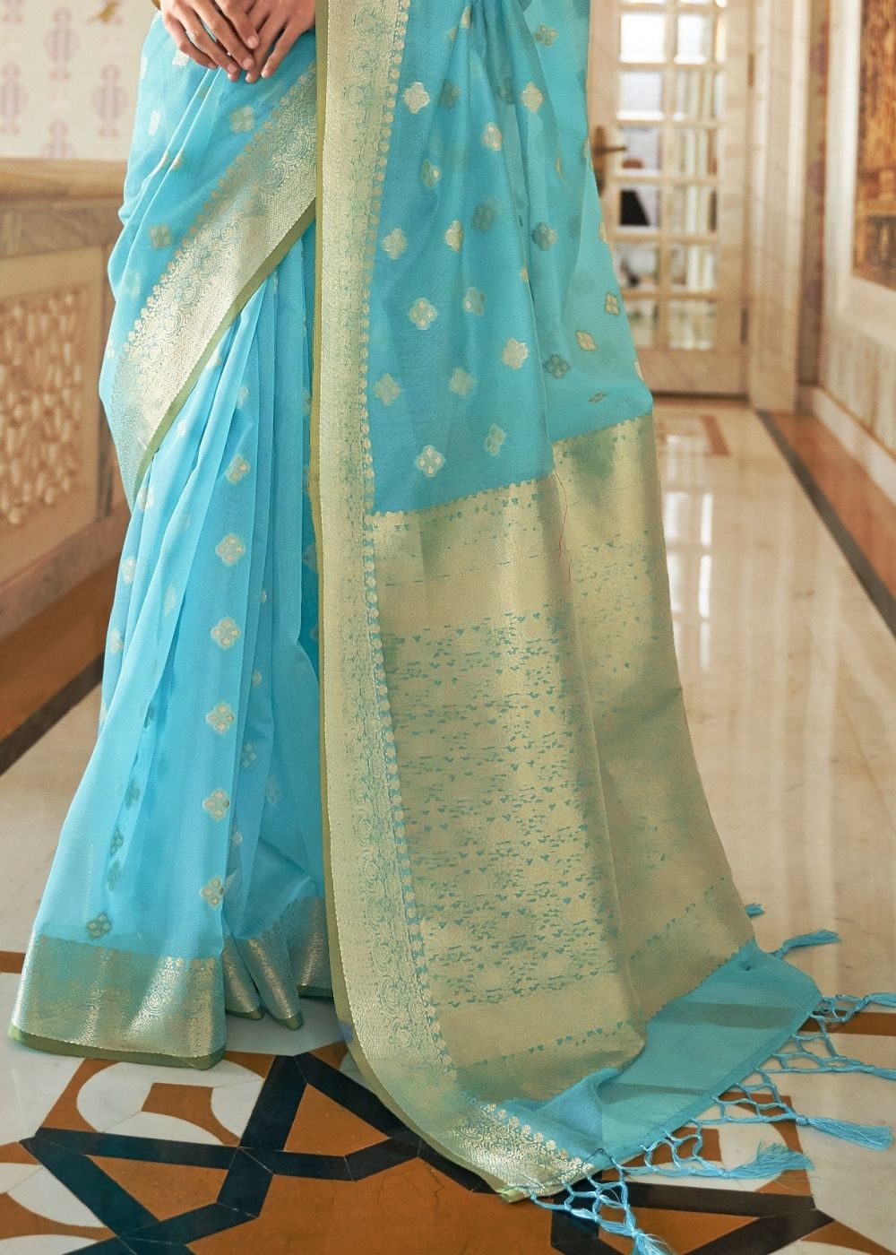 Arctic Blue Zari Woven Linen Silk Saree