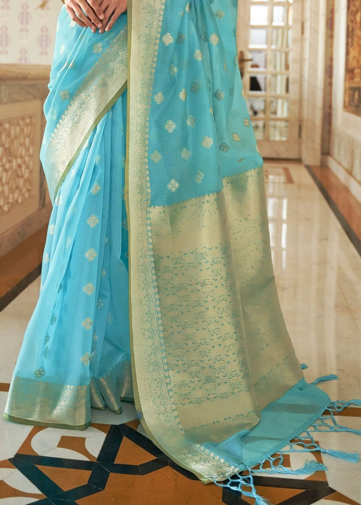 Arctic Blue Zari Woven Linen Silk Saree