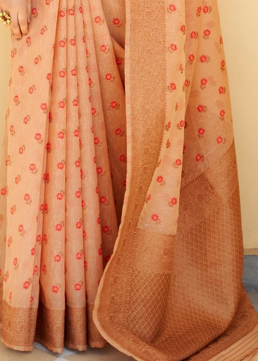 Cantaloupe Orange Pure Linen Woven Silk Saree with Resham work