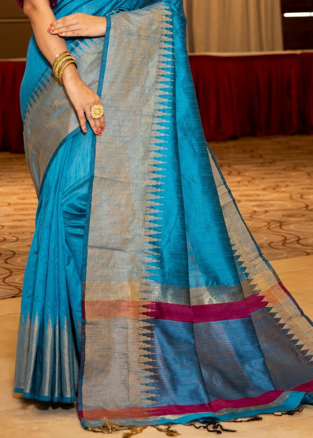 Azure Blue Art Silk Saree with Temple Border