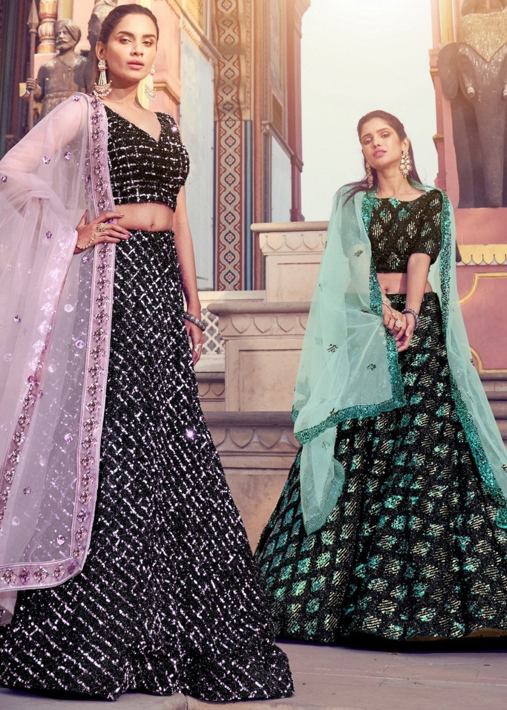 Black & Green Designer Lehenga Choli with Sequins work