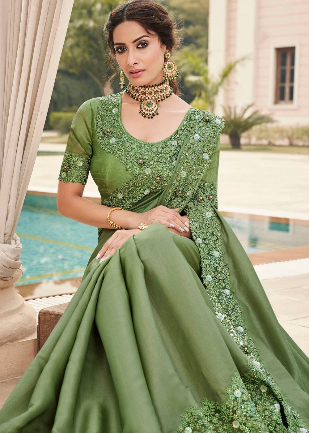 Olive Green Designer Satin Georgette Saree with Embroidery work