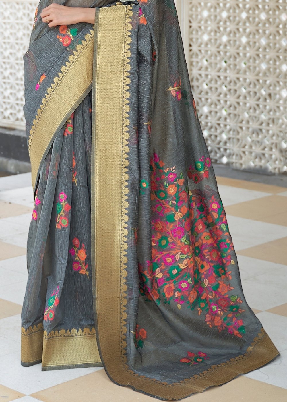 Iron Grey Floral Embroidered Linen Silk Saree