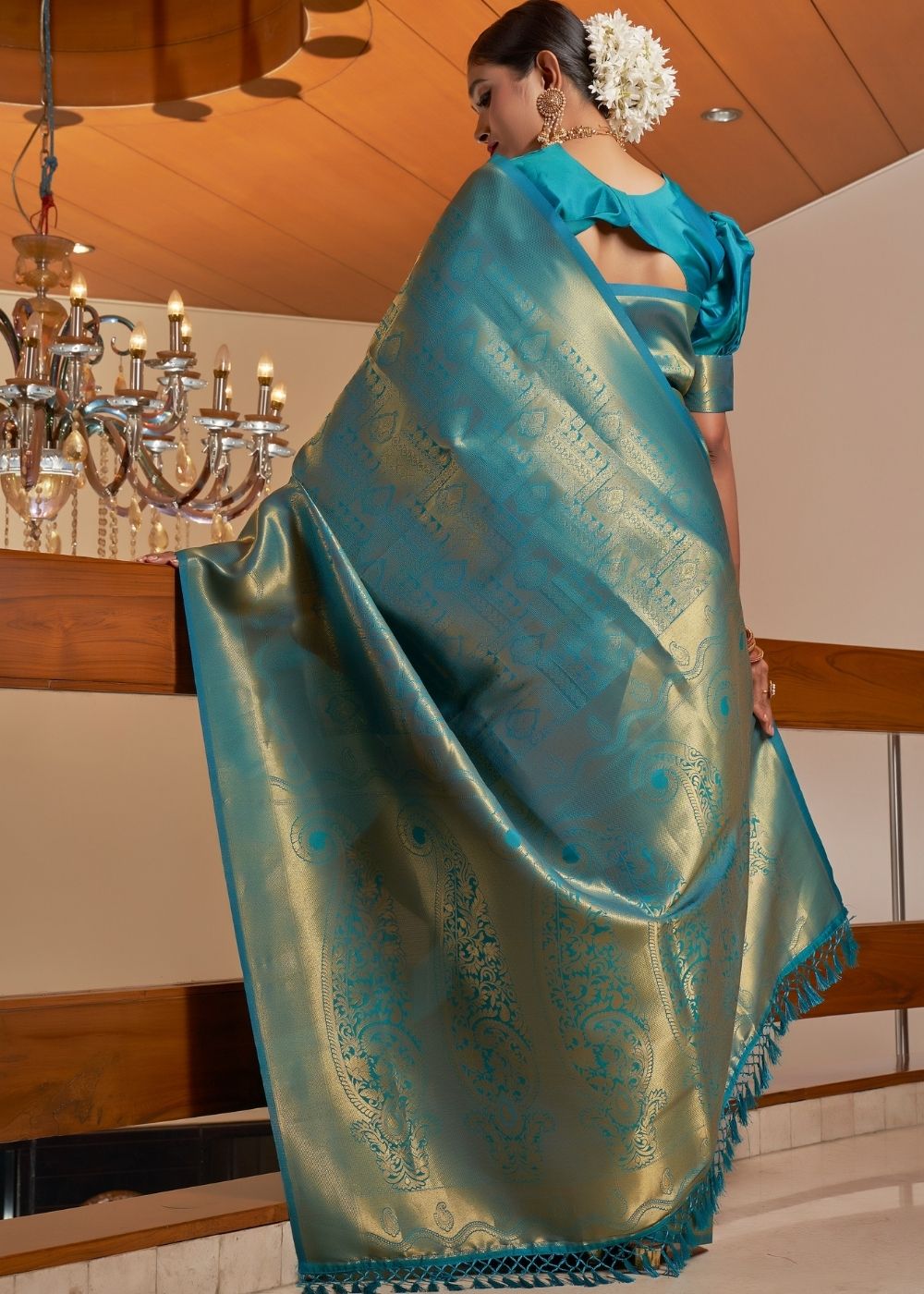 Teal Blue Zari Woven Kanjivaram Silk Saree