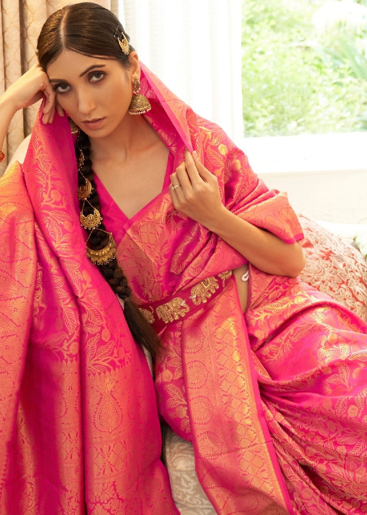 Hot Pink Zari Woven Kanjivaram Silk Saree with Tassels on Pallu