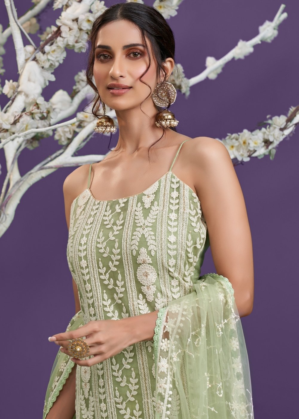 Pista Green Net Lucknowi Salwar Suit with Cotton Thread Embroidery & Sequence work(Pre-Order)